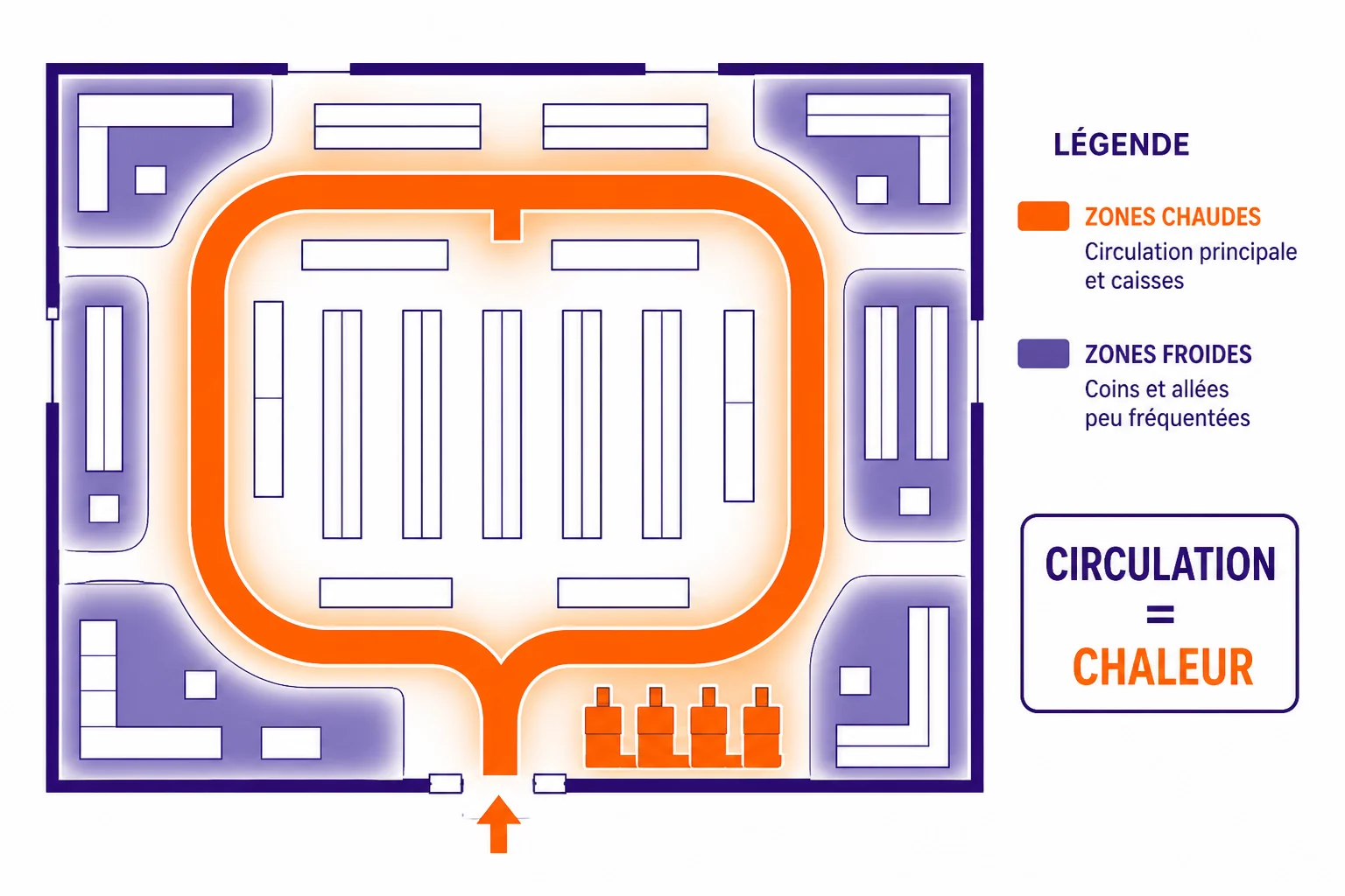 Carte de chaleur superposée à un plan : l'axe et les têtes de gondole en orange, les angles et culs-de-sac en violet, avec une annotation montrant qu'un îlot trop large crée deux bandes froides.