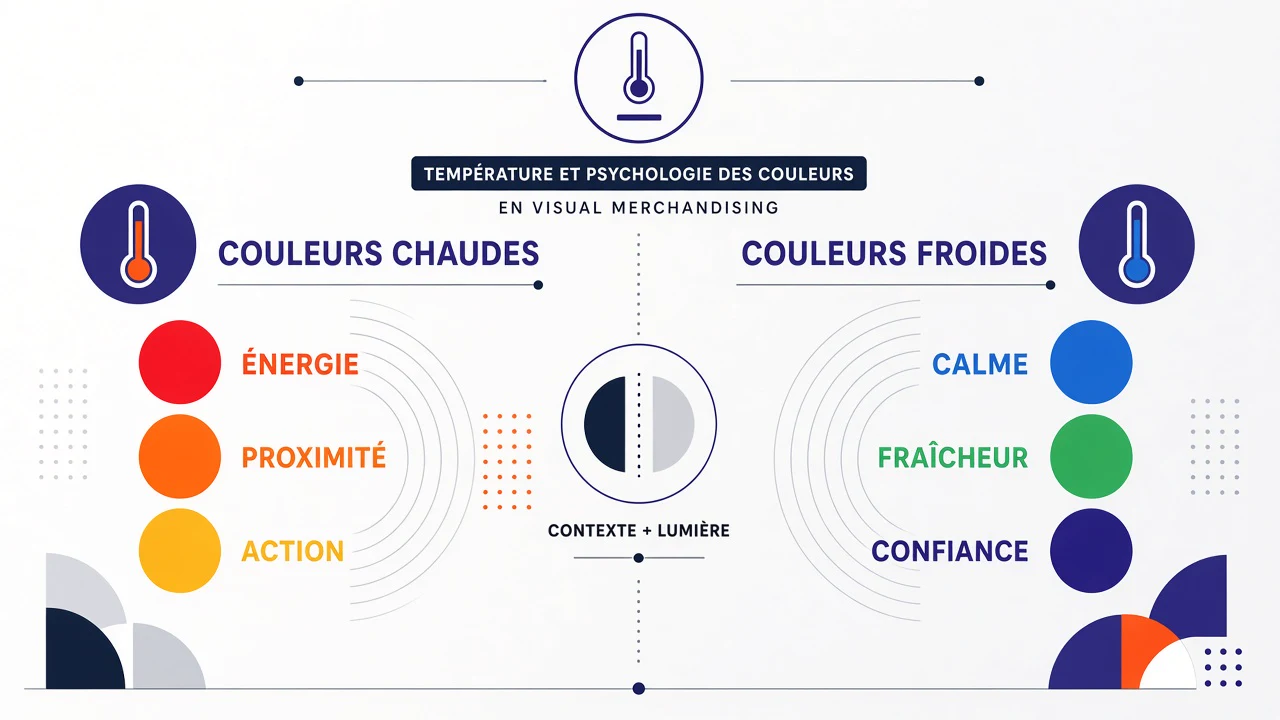 Carte pédagogique opposant couleurs chaudes et couleurs froides avec leurs effets perceptifs en visual merchandising.