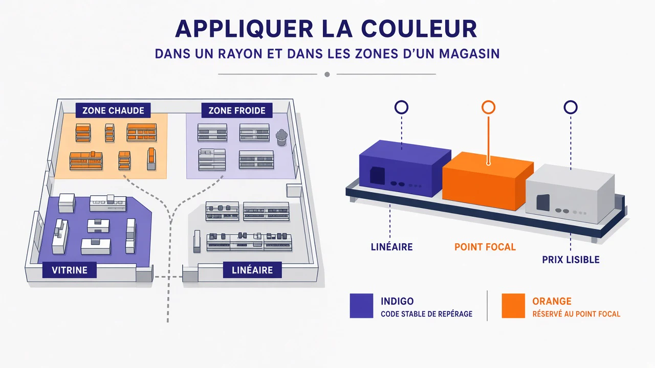 Schéma d'application de la couleur en vitrine, zones chaude et froide et linéaire avec un point focal orange.