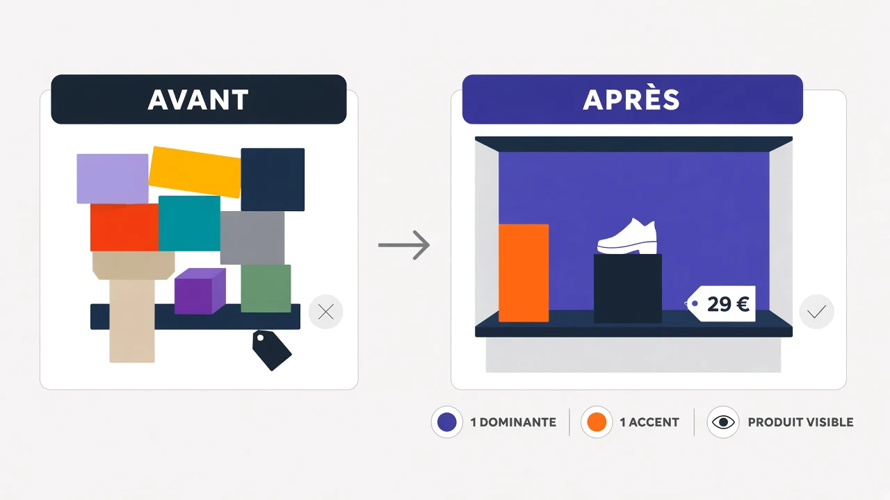 Comparaison avant-après d'une vitrine surchargée puis organisée avec une dominante, un accent et un produit visible.