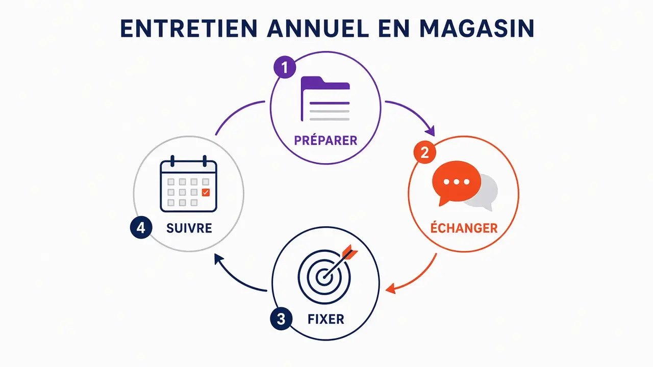 Cycle de l'entretien annuel en magasin en quatre étapes : préparer, échanger, fixer des objectifs et suivre les actions.