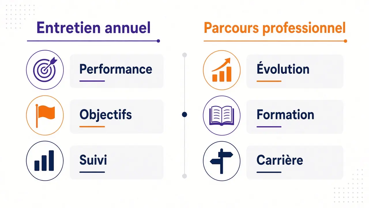 Comparaison entre l'entretien annuel centré sur la performance, les objectifs et le suivi, et l'entretien de parcours professionnel centré sur l'évolution, la formation et la carrière.