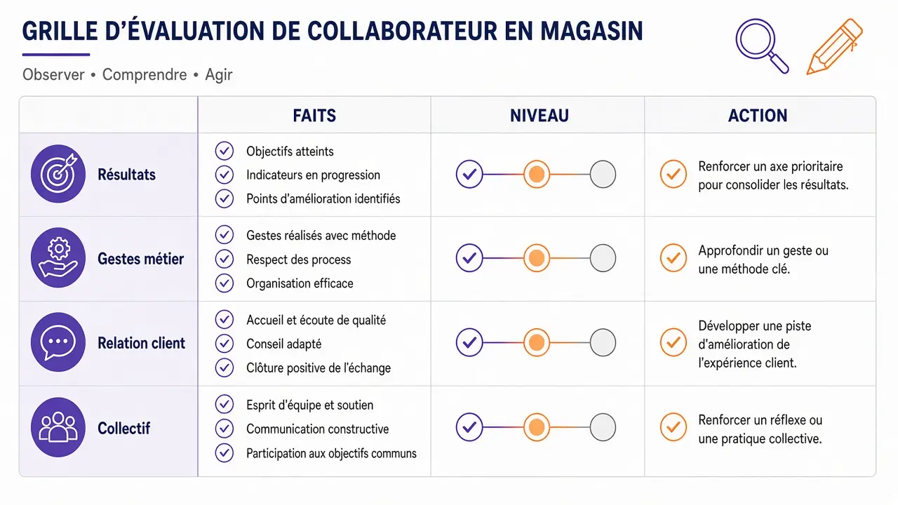 Grille d'évaluation en magasin organisée autour des résultats, des gestes métier, de la relation client et du collectif, avec faits, niveau attendu et action.