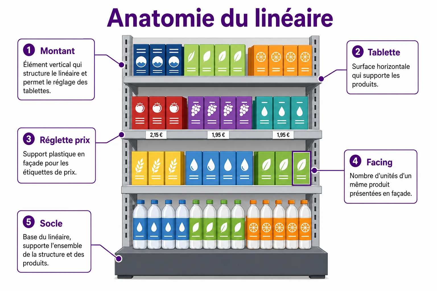 Gondole de magasin annotée : montants verticaux, tablettes, réglette prix en façade, facing d'un produit, socle au sol.