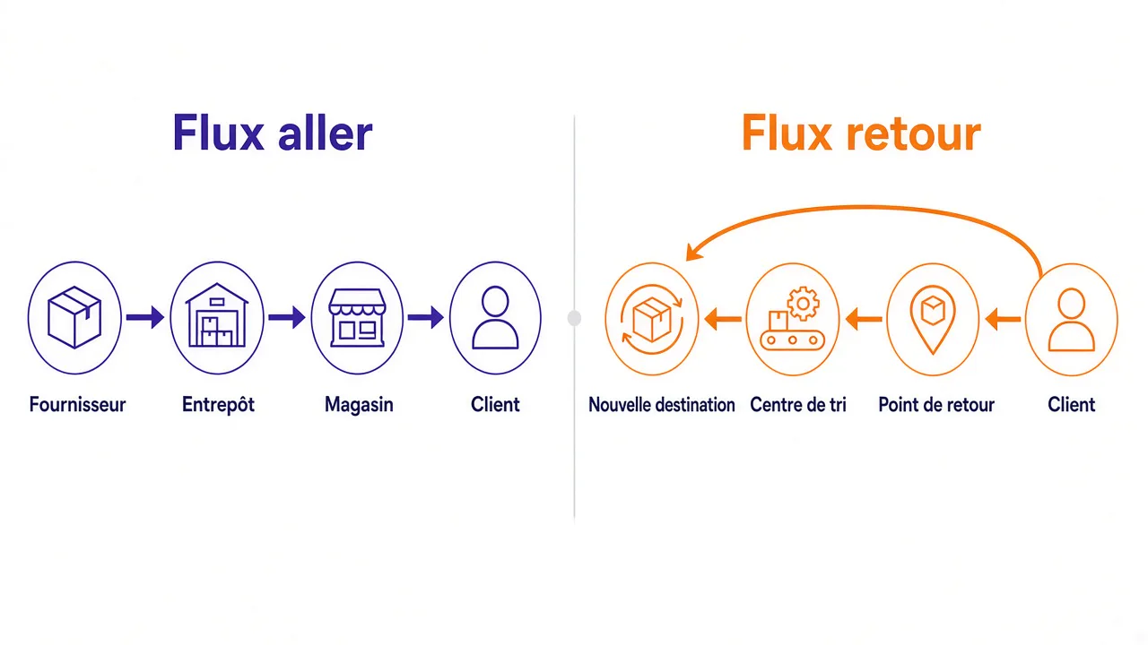 Comparaison pédagogique entre le flux aller, du fournisseur au client, et le flux retour, du client vers un point de retour, un centre de tri puis une nouvelle destination.