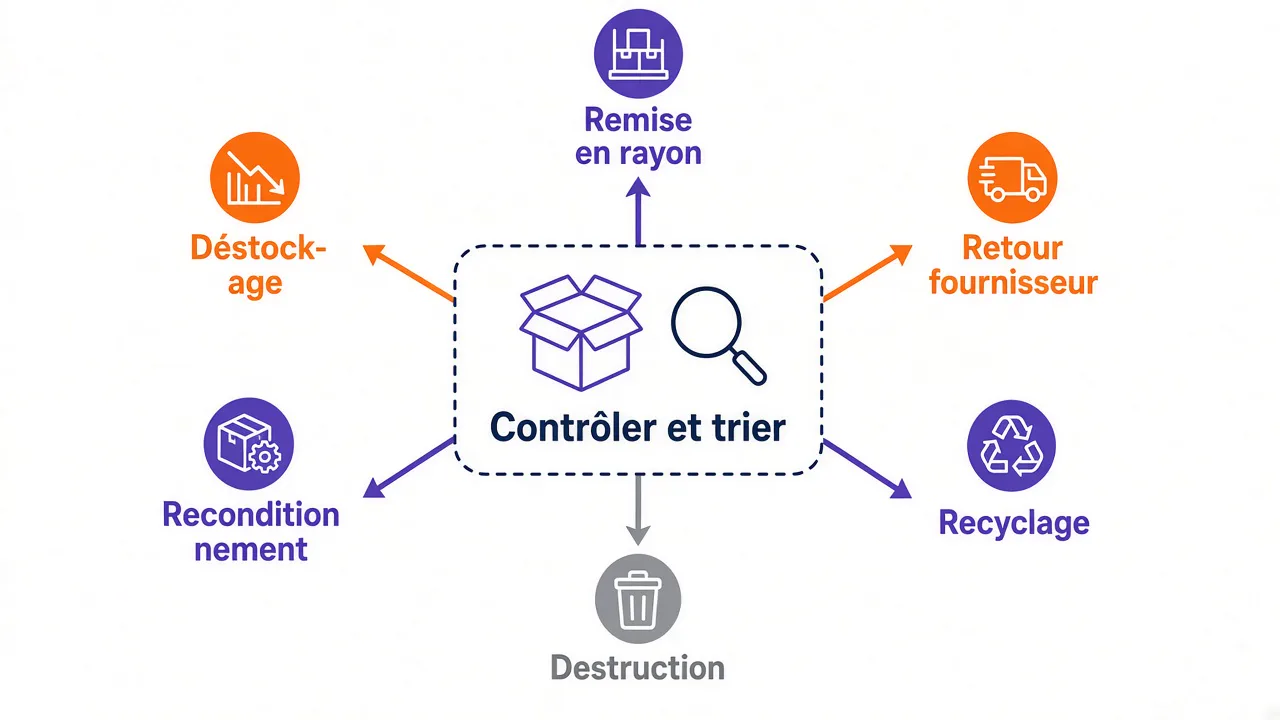Schéma de tri d’un retour vers six destinations : remise en rayon, déstockage, reconditionnement, retour fournisseur, recyclage ou destruction en dernier recours.