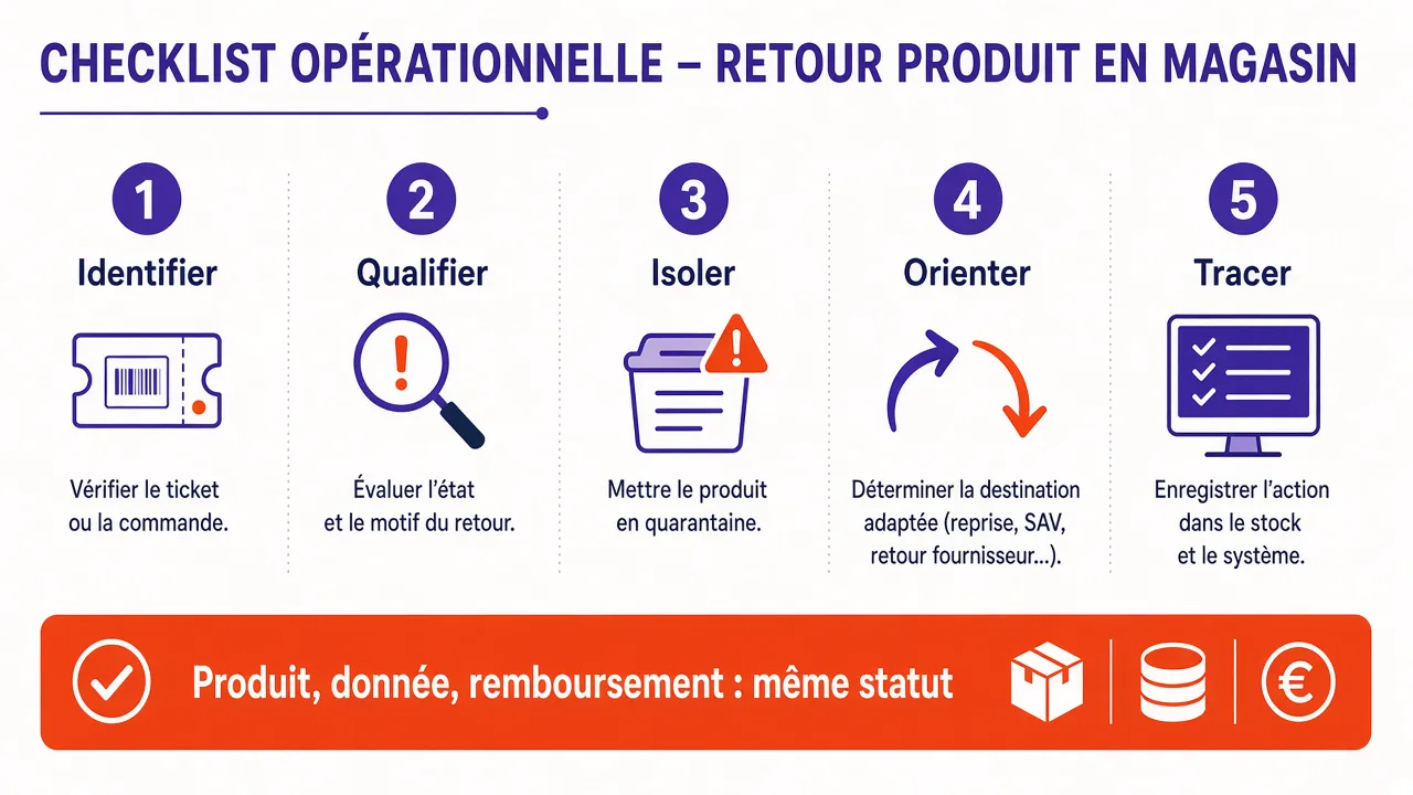 Checklist opérationnelle en cinq étapes pour un retour produit en magasin : identifier, qualifier, isoler, orienter et tracer.