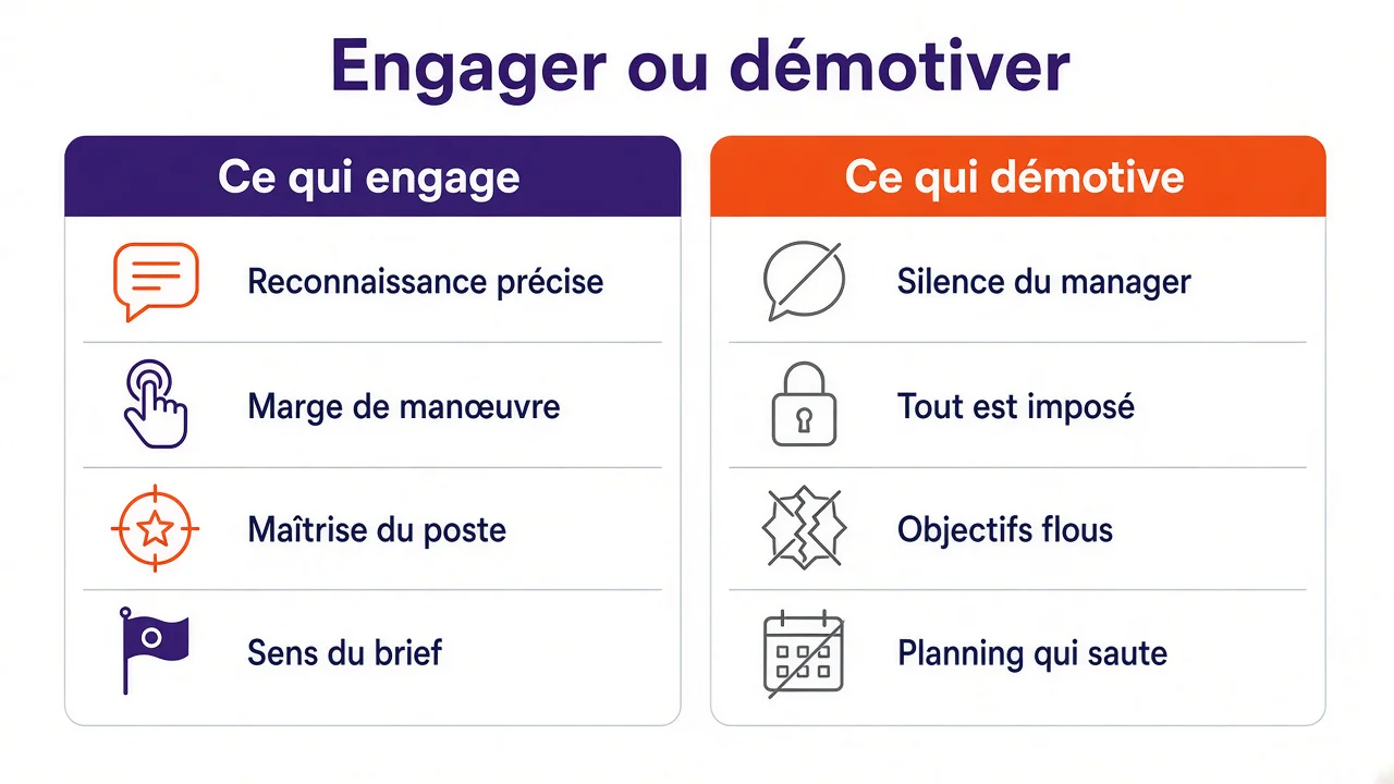 Schéma en deux colonnes : à gauche ce qui engage (reconnaissance précise, marge de manœuvre, maîtrise du poste, sens du brief), à droite ce qui démotive (silence du manager, tout est imposé, objectifs flous, planning qui saute).
