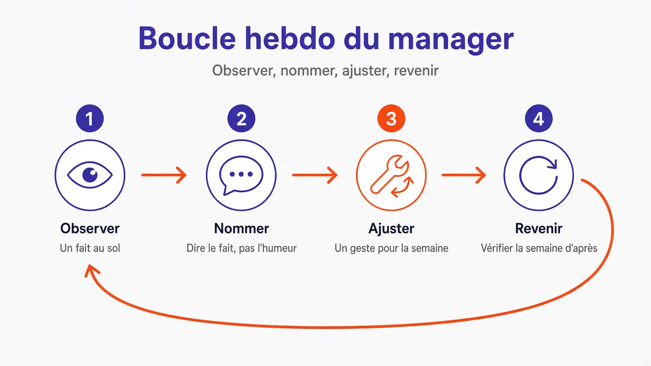 Boucle hebdomadaire du manager en quatre temps : observer un fait au sol, nommer le fait plutôt que l'humeur, ajuster un geste pour la semaine, revenir vérifier la semaine suivante.