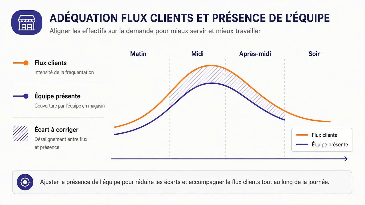 Schéma comparant la courbe du flux clients et la présence de l’équipe entre le matin et le soir