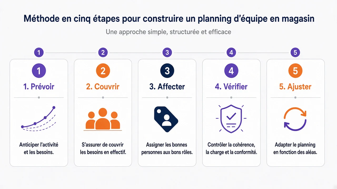 Méthode en cinq étapes pour prévoir, couvrir, affecter, vérifier puis ajuster le planning