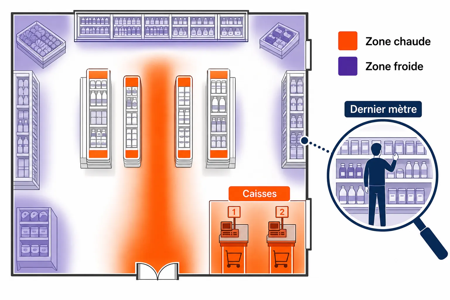 Plan de magasin avec zones chaudes en orange, zones froides en violet, caisses et zoom sur le dernier mètre devant le linéaire.