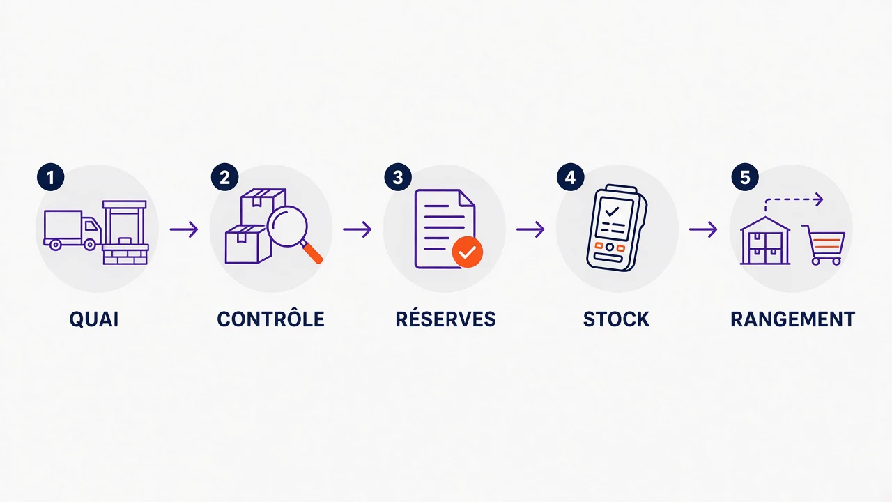 Flux pédagogique de réception en cinq étapes : quai, contrôle, réserves, enregistrement du stock puis rangement en réserve ou en rayon.