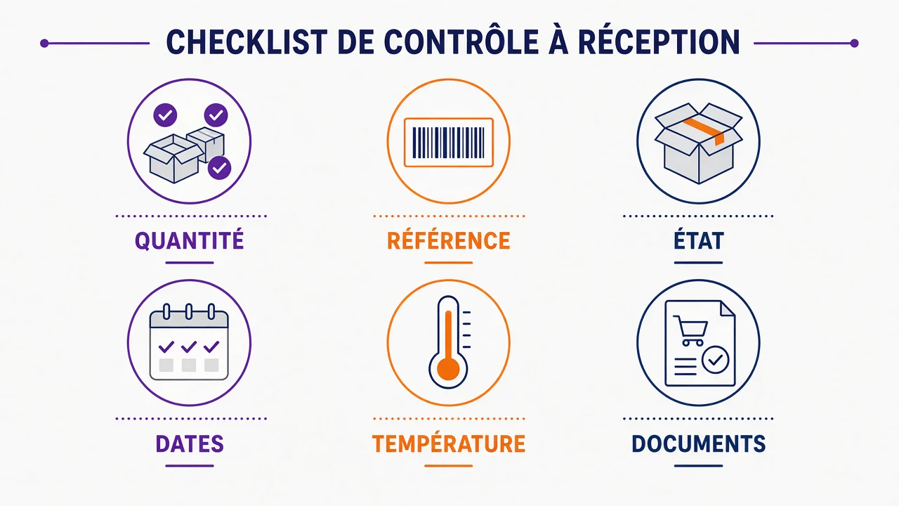 Checklist illustrée des six contrôles à réception : quantité, référence, état, dates, température et documents.