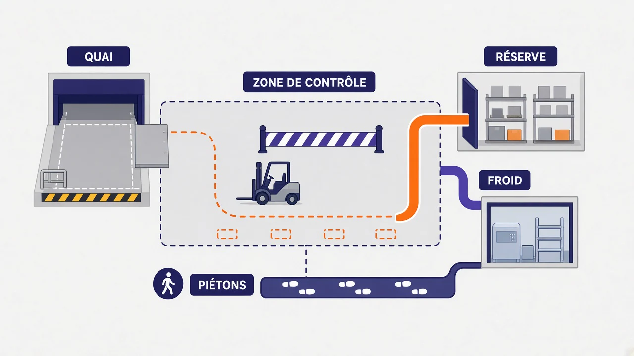 Schéma d’une zone de réception avec quai, espace de contrôle balisé, chemin piéton séparé, réserve et accès court vers le froid.