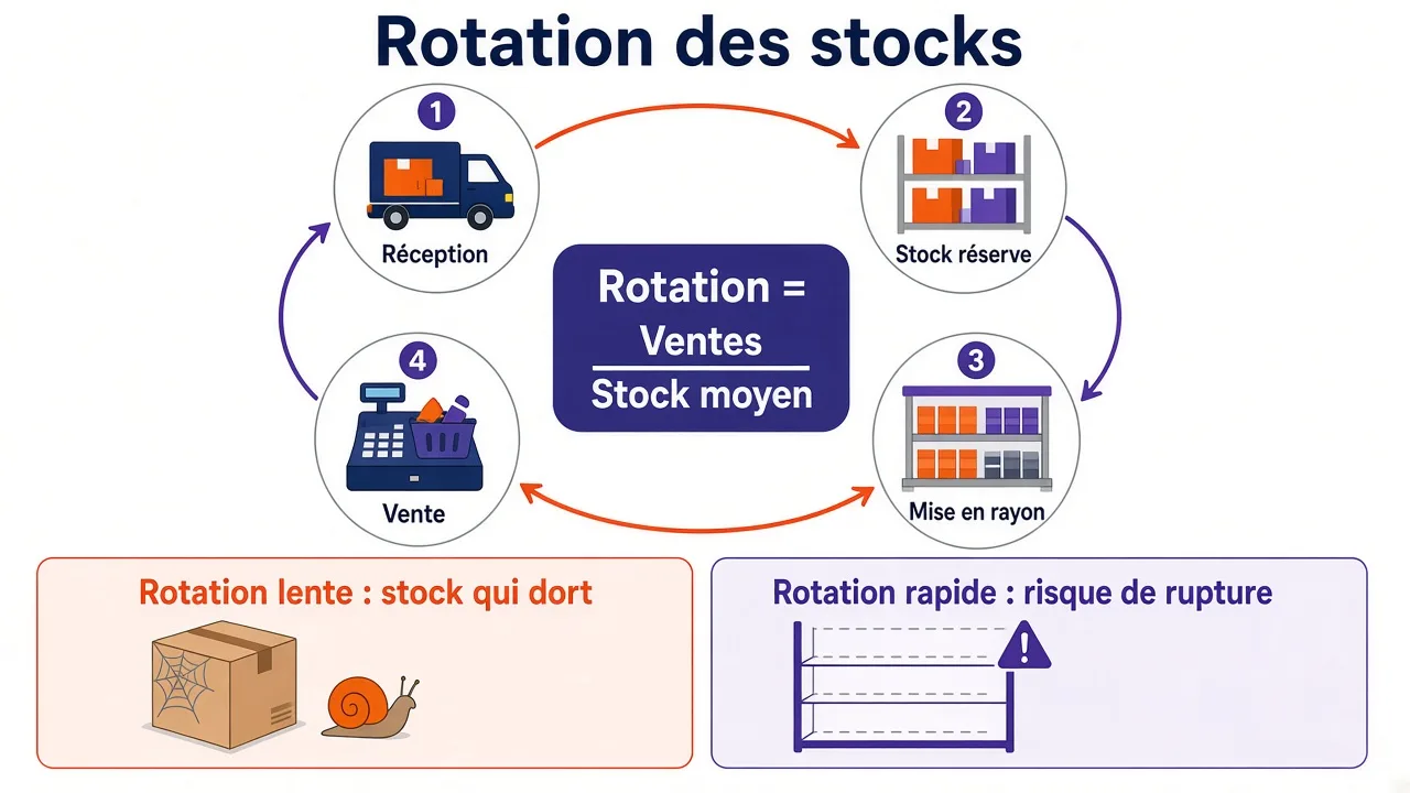 Schéma pédagogique du cycle achat, stock, vente et réapprovisionnement avec la formule ventes divisées par stock moyen.