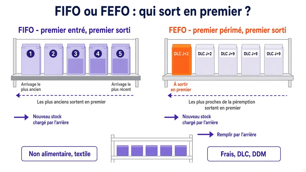 Comparaison en rayon entre FIFO, qui place le premier produit entré devant, et FEFO, qui priorise la date d'expiration la plus proche.