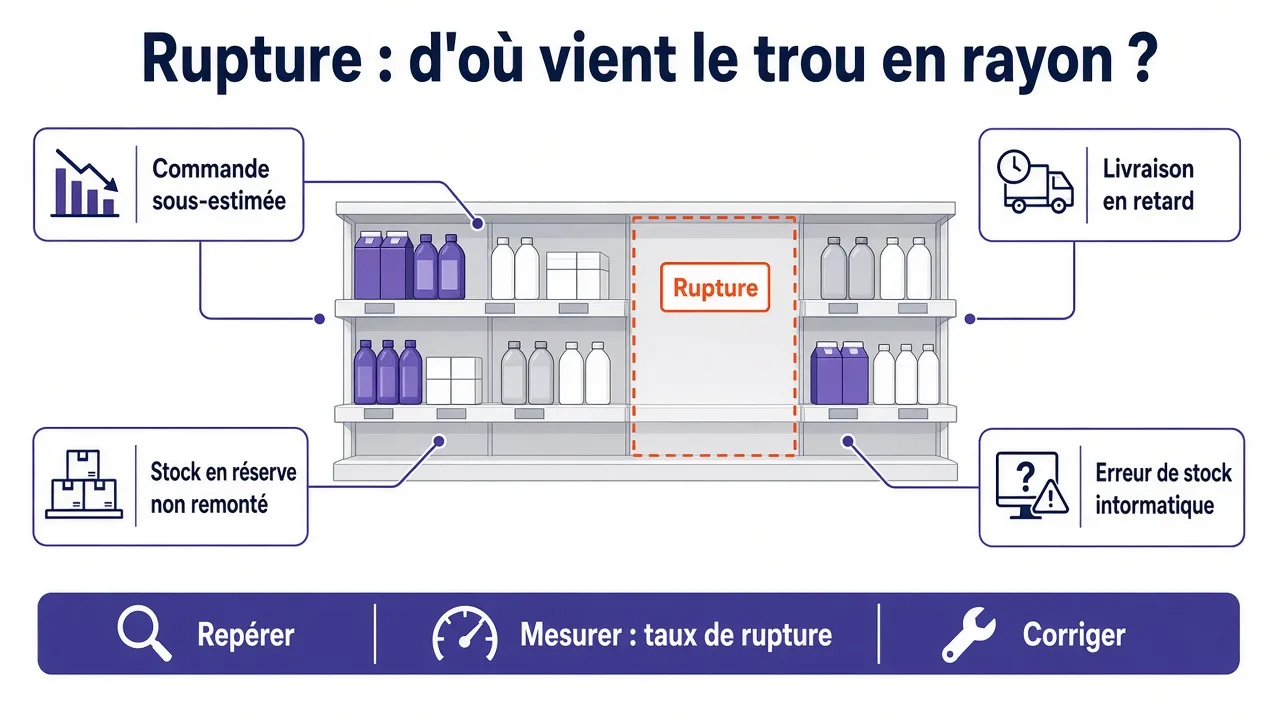 Schéma des causes d'une rupture en rayon avec la méthode en trois étapes repérer, mesurer et corriger.