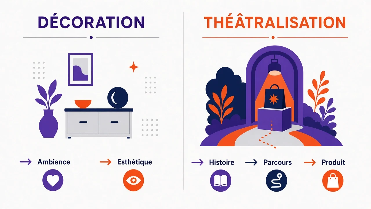 Comparaison entre une décoration qui crée une ambiance et une théâtralisation qui relie histoire, parcours et produit.