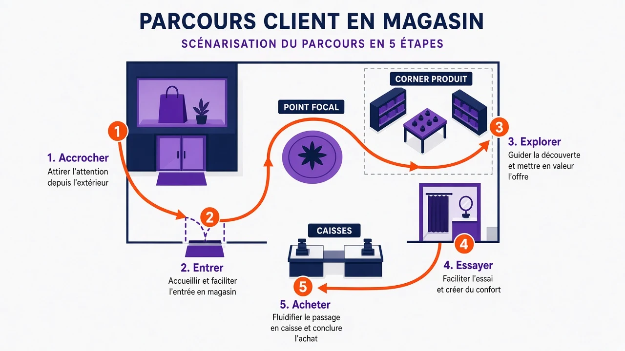 Plan simplifié d'un magasin montrant les cinq étapes d'un parcours scénarisé : accrocher, entrer, explorer, essayer et acheter.