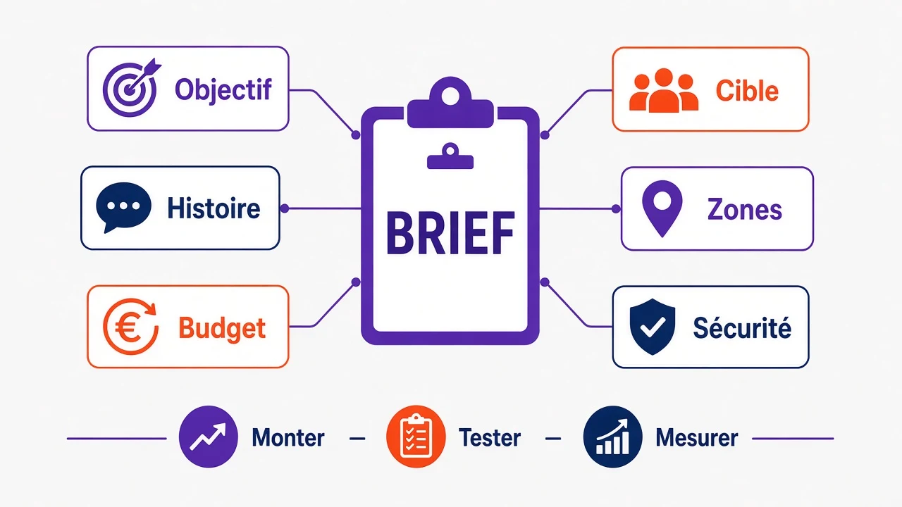 Checklist de brief pour une théâtralisation avec objectif, cible, histoire, zones, budget et sécurité.