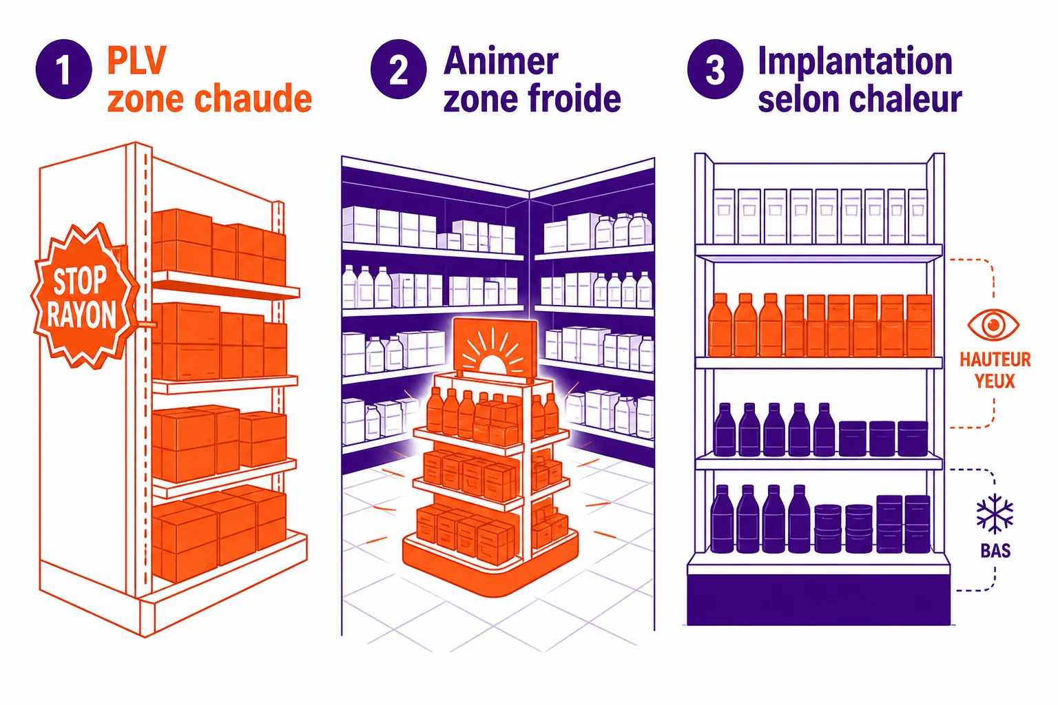 Trois modules pédagogiques : PLV d'impulsion en zone chaude, îlot qui anime une zone froide, facing aux yeux selon la chaleur du linéaire.